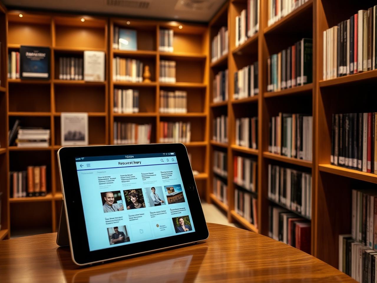 Biblioteca premium com manuais, livros e um tablet exibindo a biblioteca digital do LIDERA