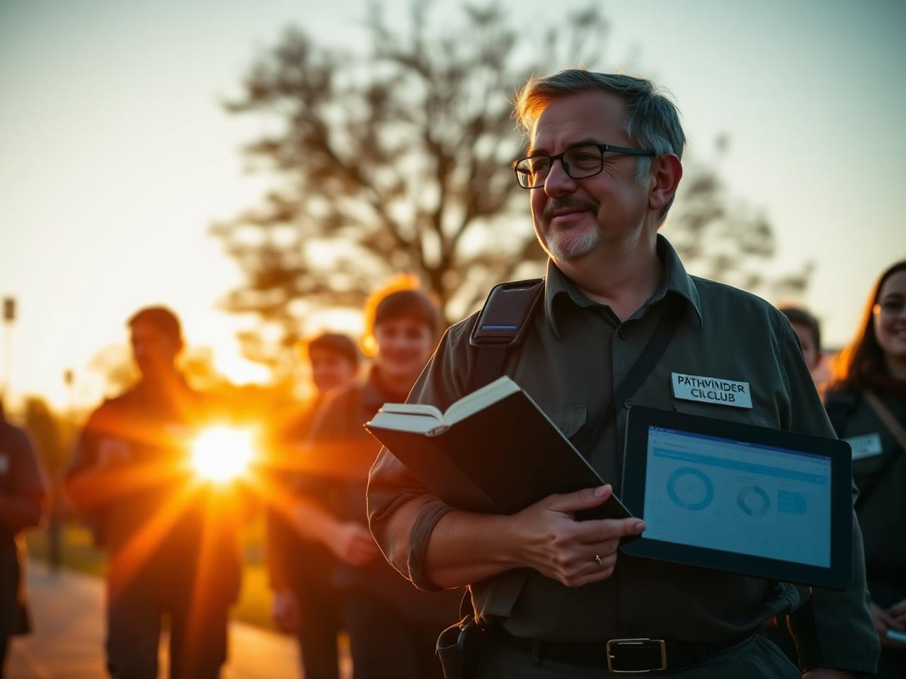 Diretor de Desbravadores caminhando ao nascer do sol com sua Bíblia e o painel do LIDERA no tablet